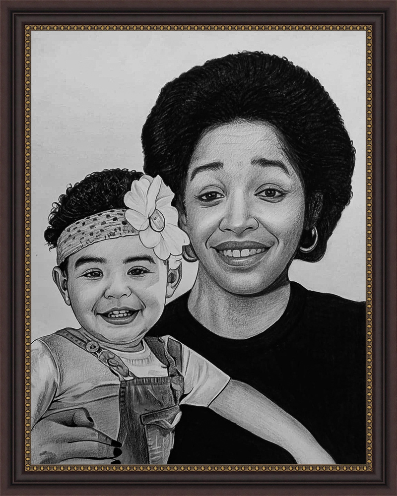 Charcoal drawing of a mother and young son smiling